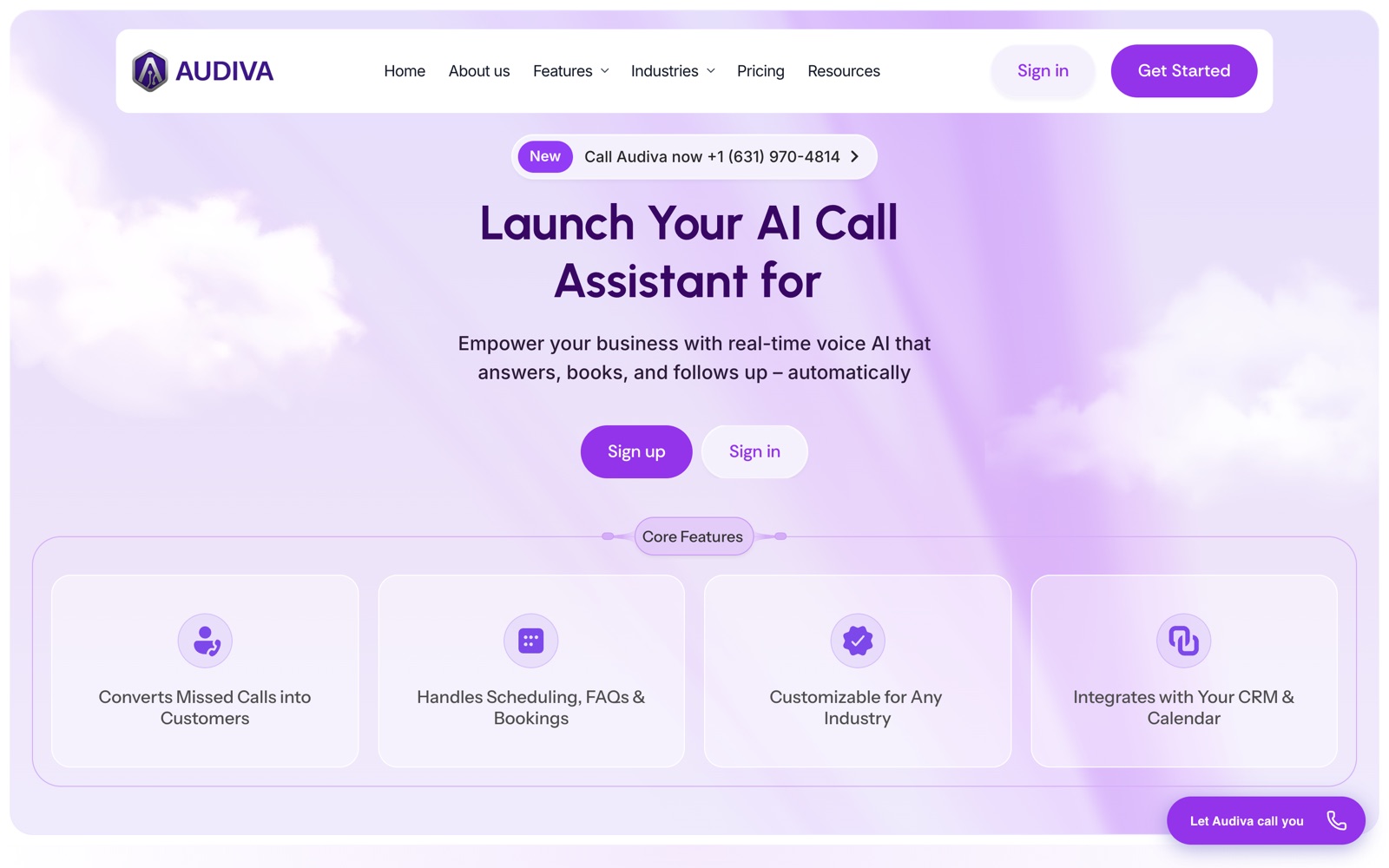 Audiva product screenshot — AI call assistant that answers, books, and follows up